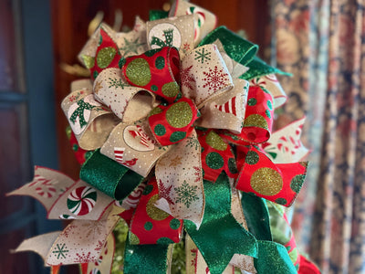 The Lucy Red Gold & Green Snowman Christmas Tree Topper Bow