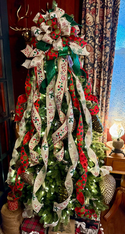 The Lucy Red Gold & Green Snowman Christmas Tree Topper Bow