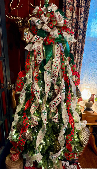 The Lucy Red Gold & Green Snowman Christmas Tree Topper Bow