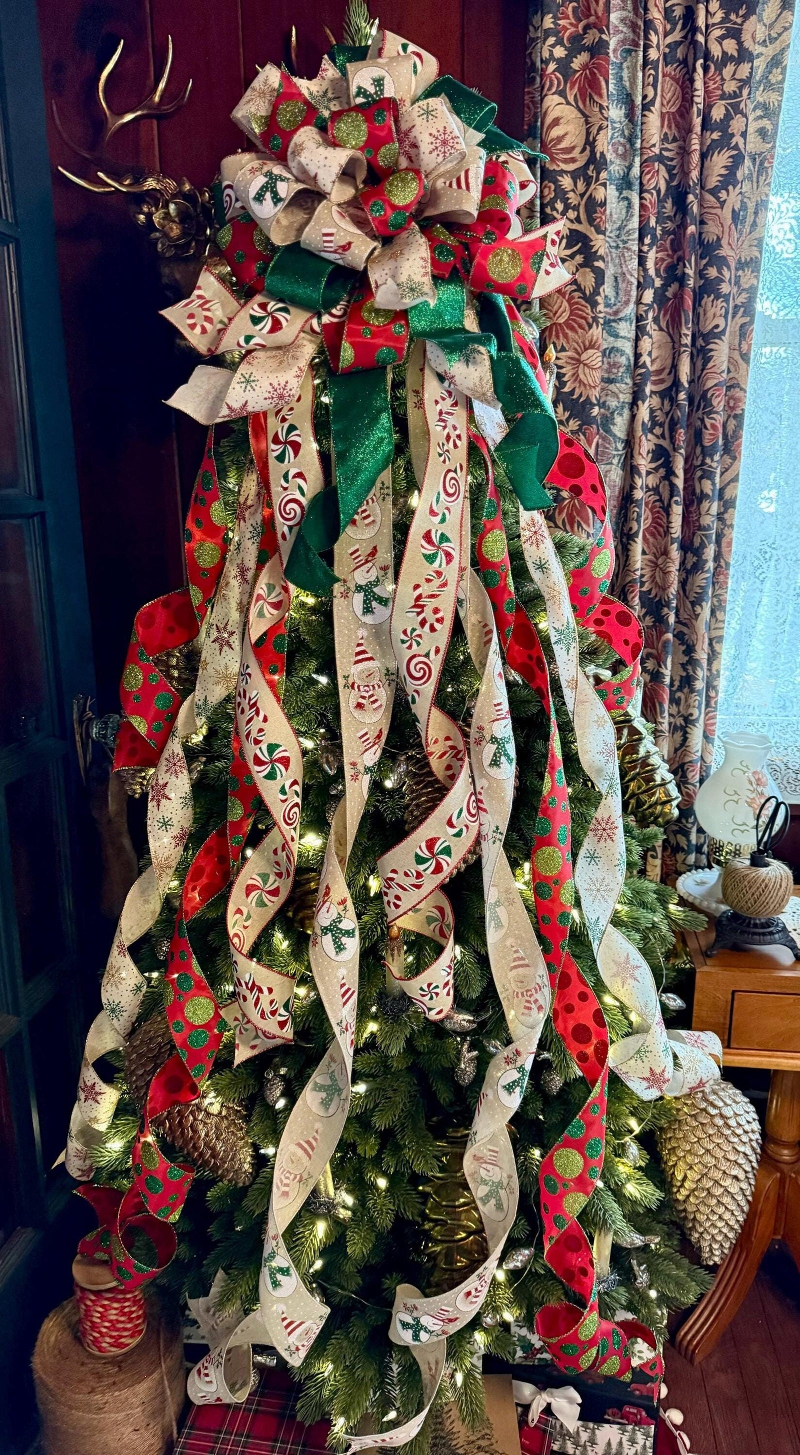 Lucy Red Gold Green Christmas Tree Topper Bow