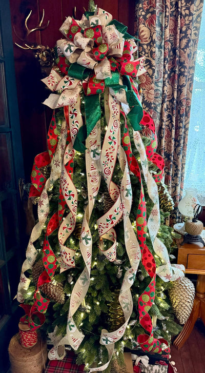 The Lucy Red Gold & Green Snowman Christmas Tree Topper Bow