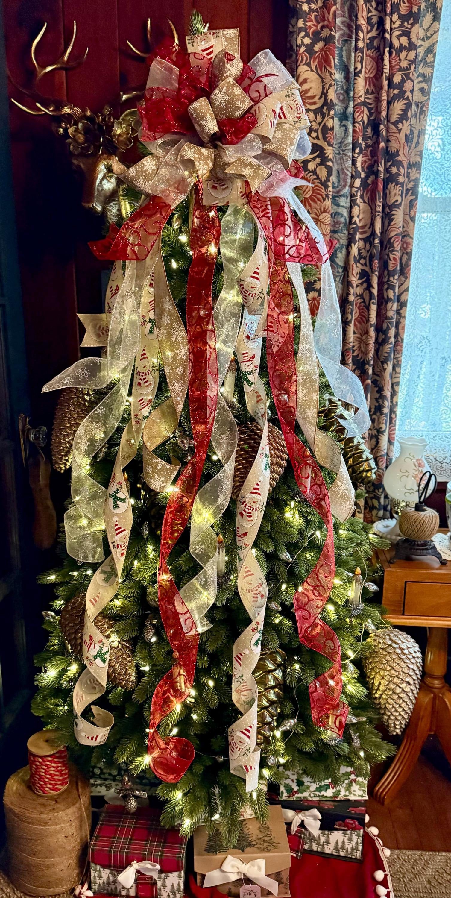 The Sherry Red Silver & White XL Snowflake Christmas Tree Topper Bow