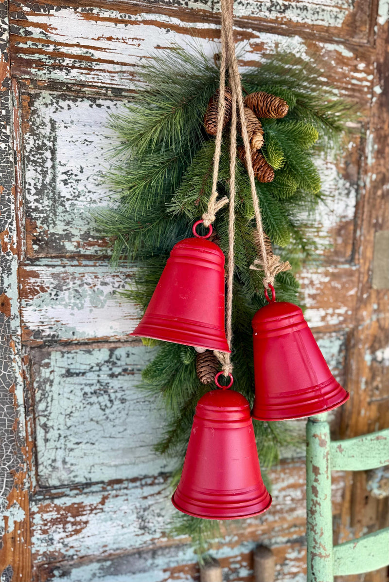 Distressed Red Metal Hanging Bell Cluster