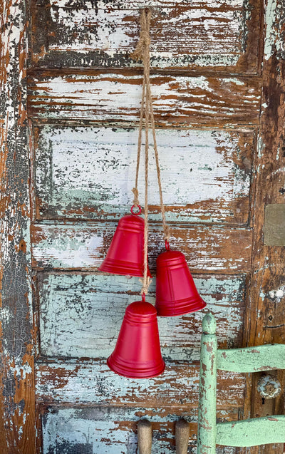 Distressed Red Metal Hanging Bell Cluster