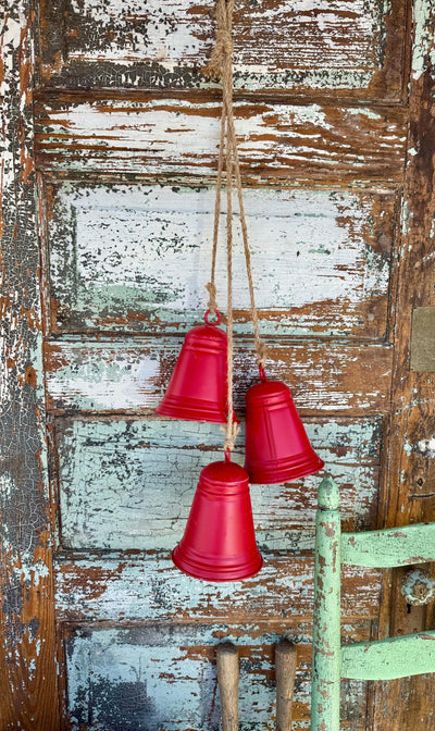 Distressed Red Metal Hanging Bell Cluster