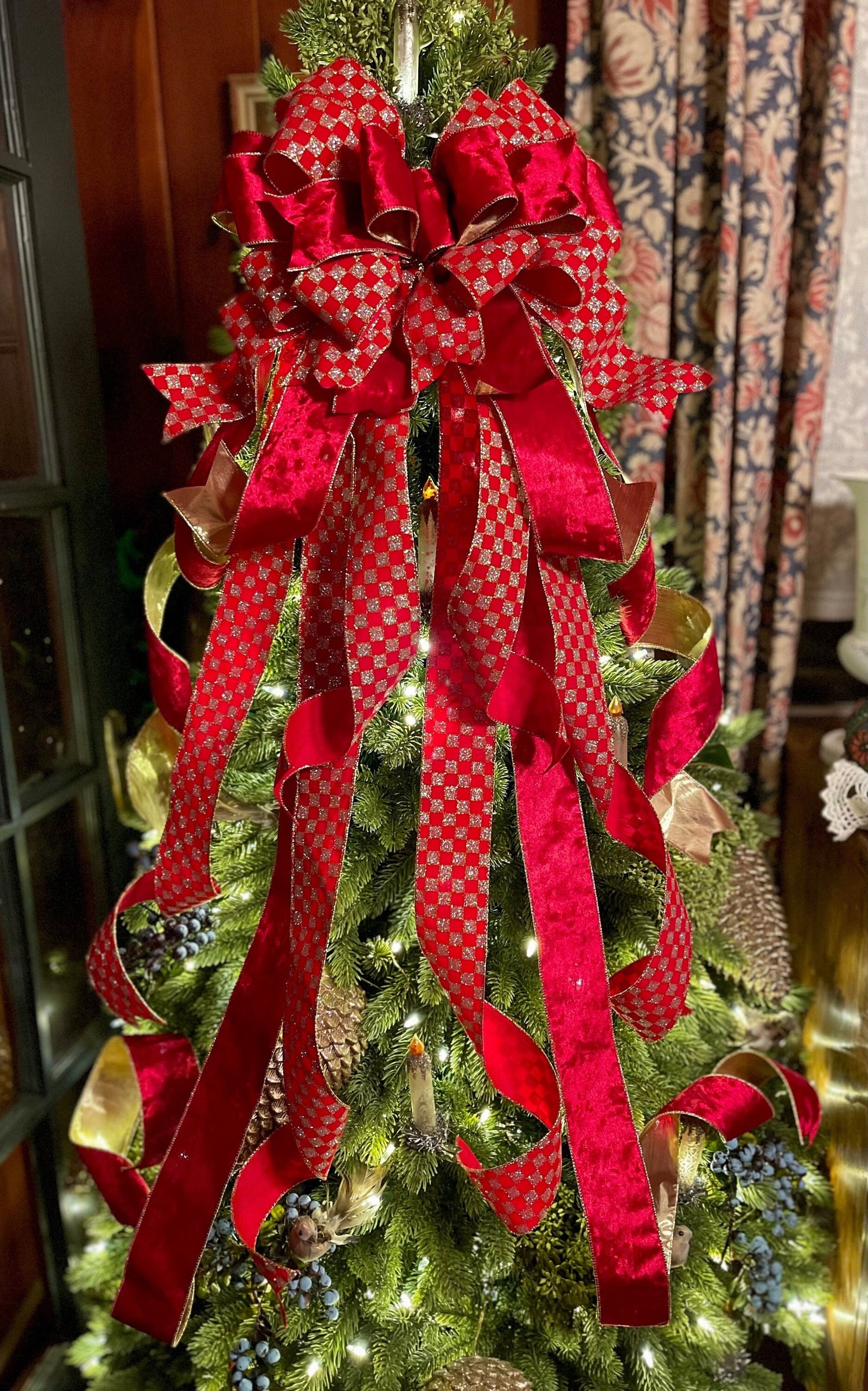 The Charlotte Red & Gold Plush Velvet XL Christmas Tree Topper Bow