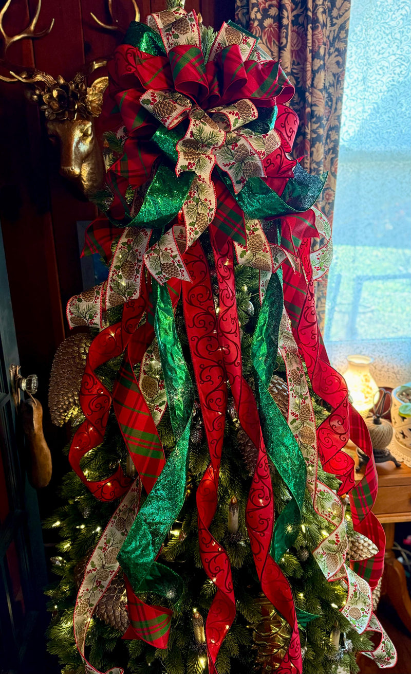 The Gem Red & Green Elegant Christmas Tree Topper Bow