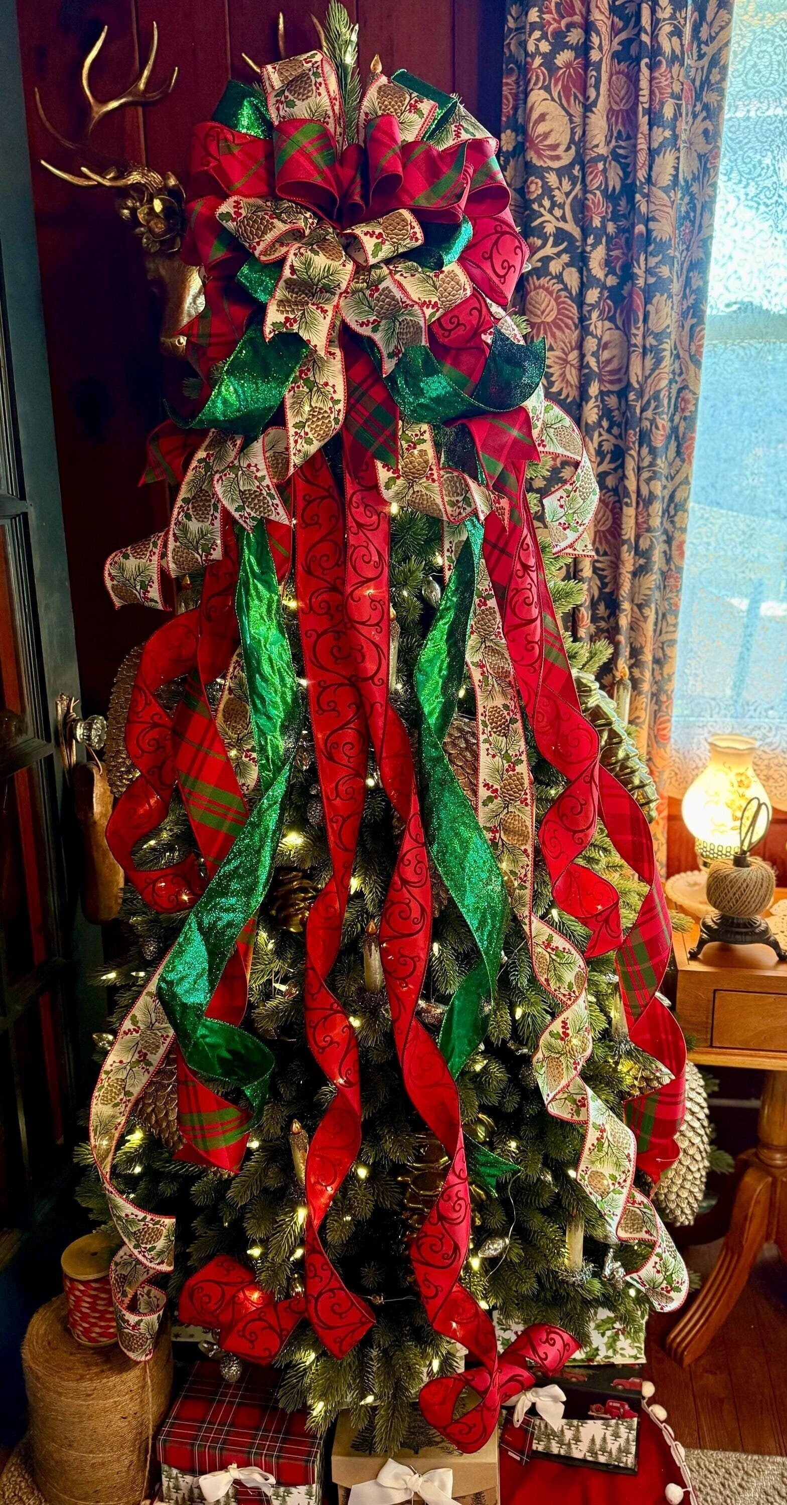 The Gem Red & Green Elegant Christmas Tree Topper Bow