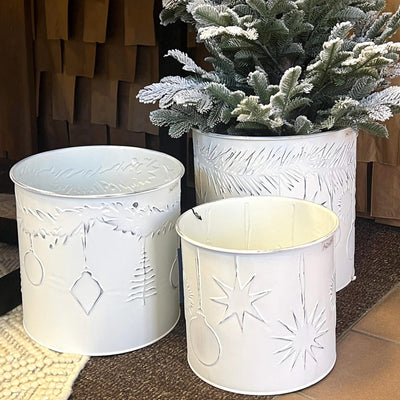 Holiday Dreams White Christmas Galvanized Buckets, Metal pail, Xmas pail with Christmas ornament design, Farmhouse cottage decor