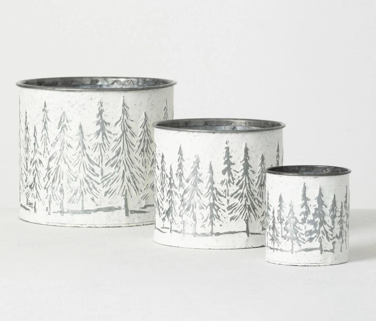 Holiday Greens White Christmas Tree Galvanized Buckets, Metal pail, Xmas pail with Christmas tree design, Farmhouse cottage decor