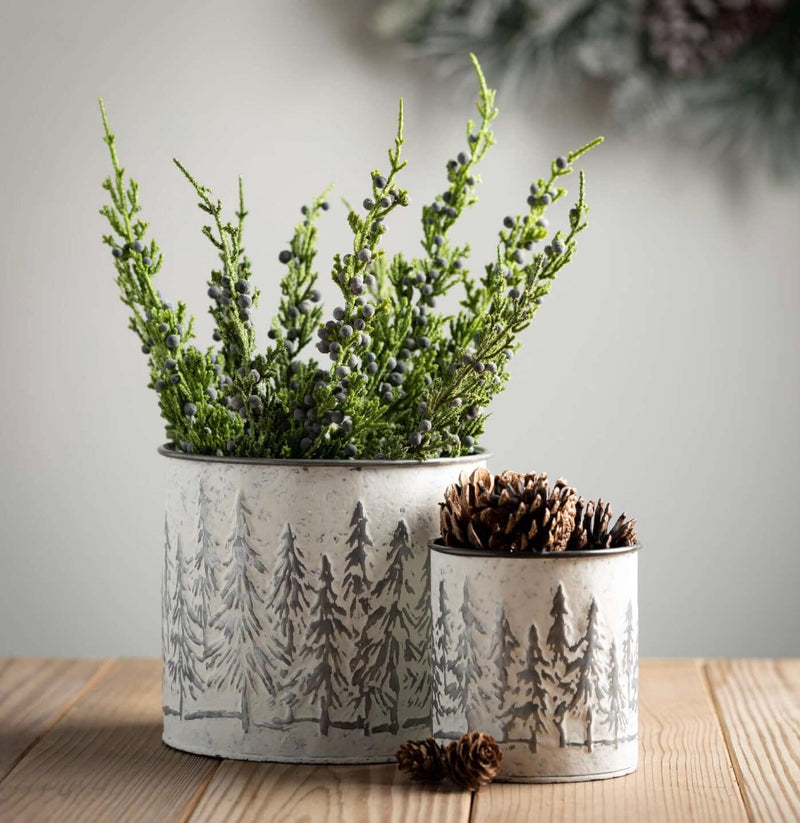 Holiday Greens White Christmas Tree Galvanized Buckets, Metal pail, Xmas pail with Christmas tree design, Farmhouse cottage decor