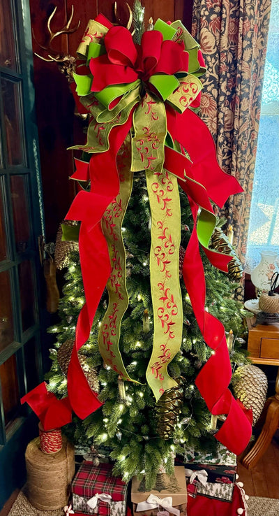 The Marilee Red & Green Velvet Christmas Tree Topper Bow