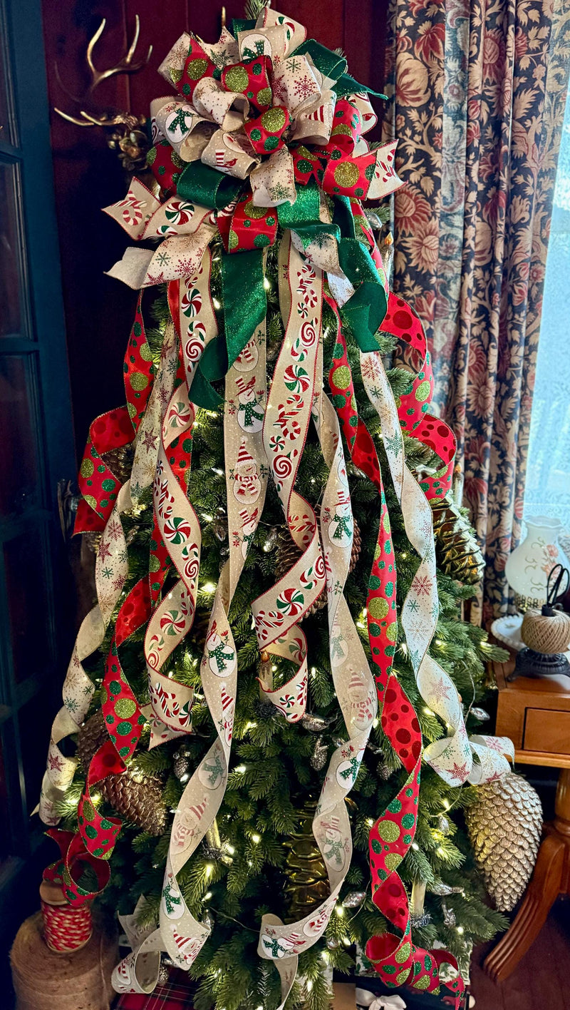Lucy Red Gold Green Christmas Tree Topper Bow