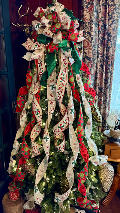 The Lucy Red Gold & Green Snowman Christmas Tree Topper Bow