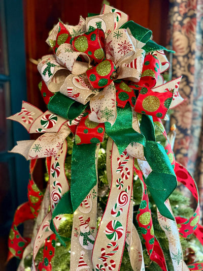 The Lucy Red Gold & Green Snowman Christmas Tree Topper Bow