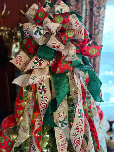 The Lucy Red Gold & Green Snowman Christmas Tree Topper Bow