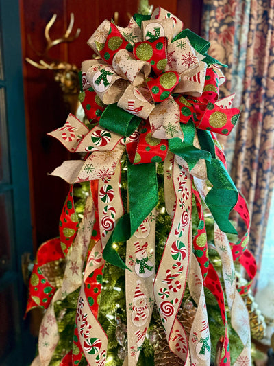 The Lucy Red Gold & Green Snowman Christmas Tree Topper Bow