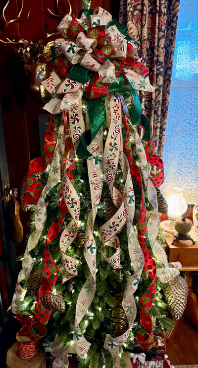 The Lucy Red Gold & Green Snowman Christmas Tree Topper Bow