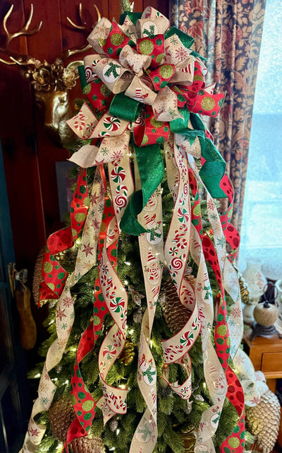 The Lucy Red Gold & Green Snowman Christmas Tree Topper Bow