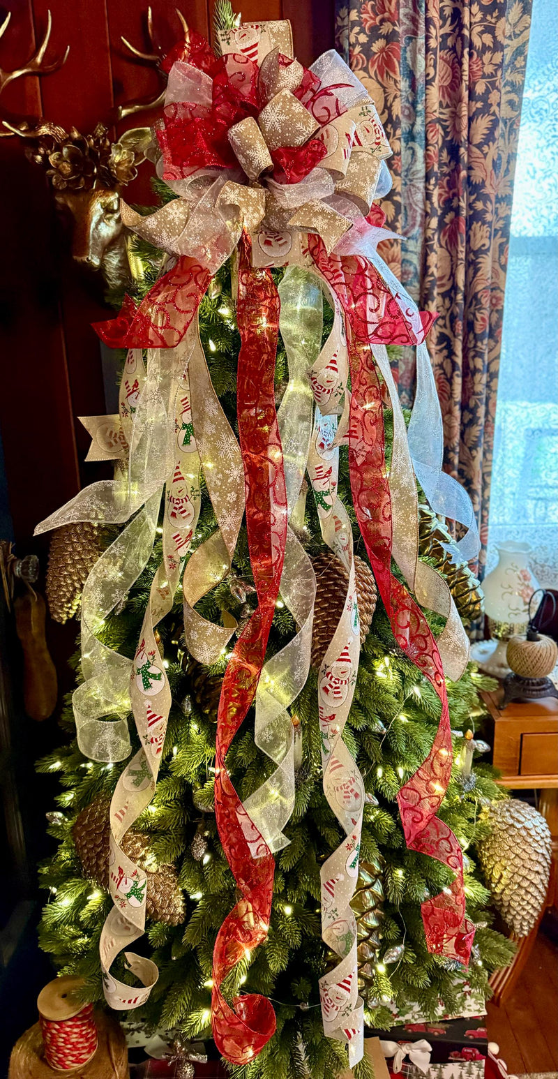 The Sherry Red Silver & White XL Snowflake Christmas Tree Topper Bow