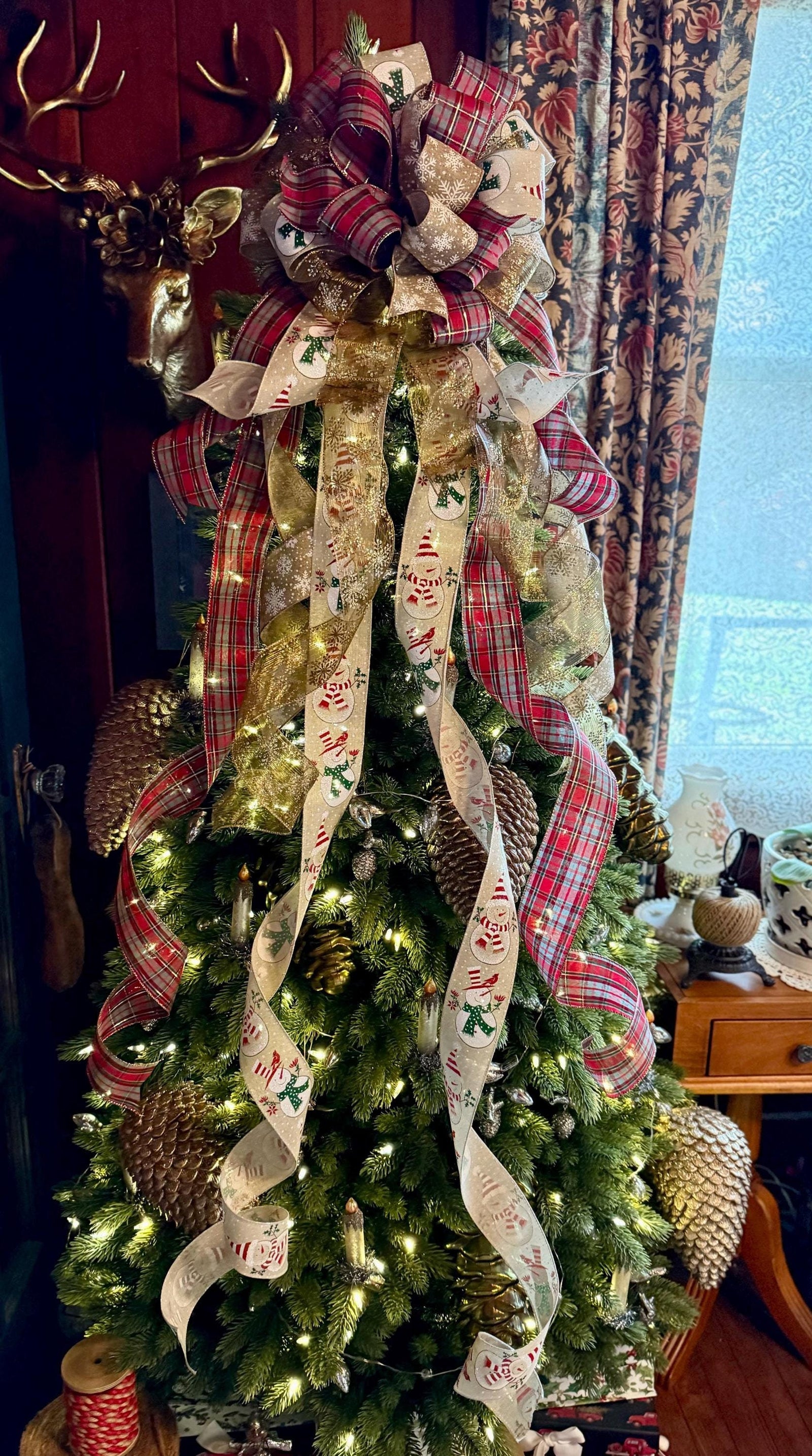 The Sheila Red Gold & White XL Snowflake Christmas Tree Topper Bow