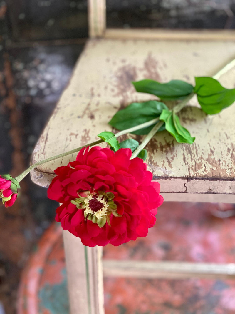 Faux Zinnia Bloom & Bud Stem