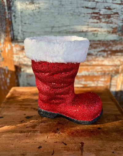Large Red Santa Boot Container, Christmas planter candy cane holder