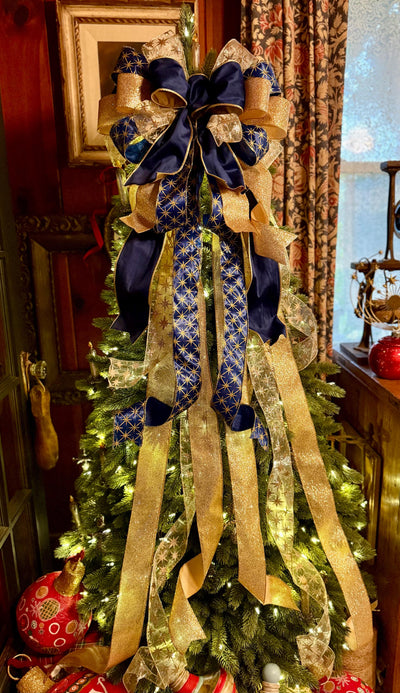 The Andromeda Navy Blue & Gold Christmas Tree Topper Bow, Celestial christmas tree bow, long streamer luxury bow, blue velvet north star bow