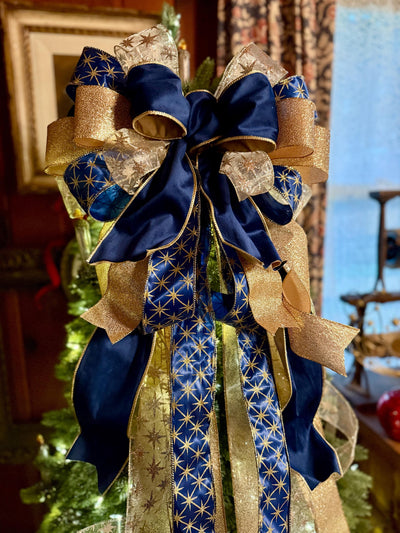The Andromeda Navy Blue & Gold Christmas Tree Topper Bow, Celestial christmas tree bow, long streamer luxury bow, blue velvet north star bow