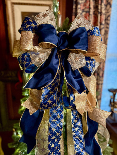 The Andromeda Navy Blue & Gold Christmas Tree Topper Bow, Celestial christmas tree bow, long streamer luxury bow, blue velvet north star bow