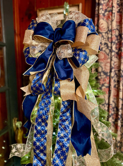 The Andromeda Navy Blue & Gold Christmas Tree Topper Bow, Celestial christmas tree bow, long streamer luxury bow, blue velvet north star bow