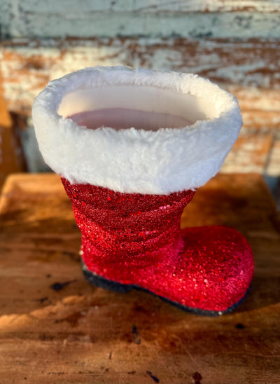 Large Red Santa Boot Container, Christmas planter candy cane holder