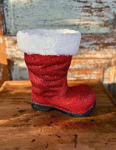Large Red Santa Boot Container, Christmas planter candy cane holder