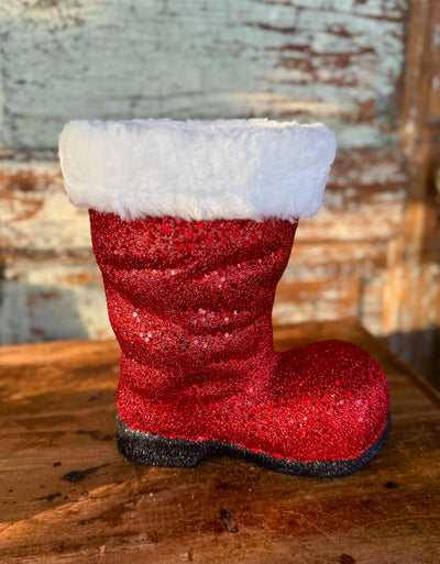 Large Red Santa Boot Container, Christmas planter candy cane holder