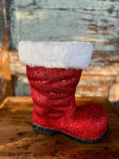 Large Red Santa Boot Container, Christmas planter candy cane holder