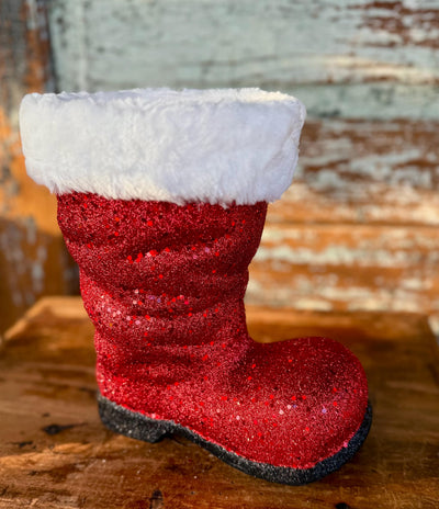 Large Red Santa Boot Container, Christmas planter candy cane holder