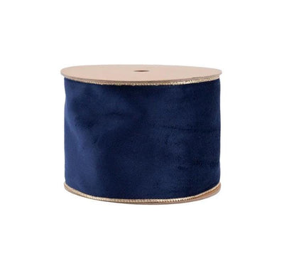 Navy Blue Velvet Ribbon | Gold Satin, Wired Edge (10 Yard Roll)