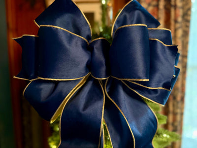 The Shanice Navy Blue Velvet Christmas Tree Topper Bow, XL Luxury Gold Ribbon, Navy Blue & Gold Christmas tree bow