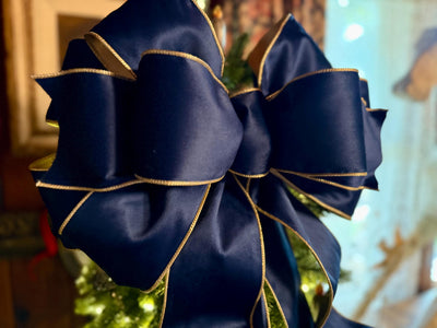 The Shanice Navy Blue Velvet Christmas Tree Topper Bow, XL Luxury Gold Ribbon, Navy Blue & Gold Christmas tree bow