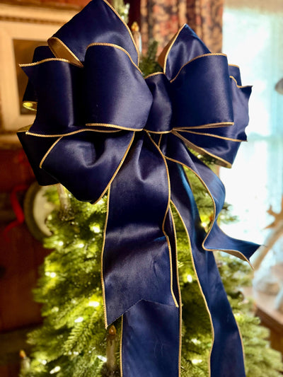 The Shanice Navy Blue Velvet Christmas Tree Topper Bow, XL Luxury Gold Ribbon, Navy Blue & Gold Christmas tree bow