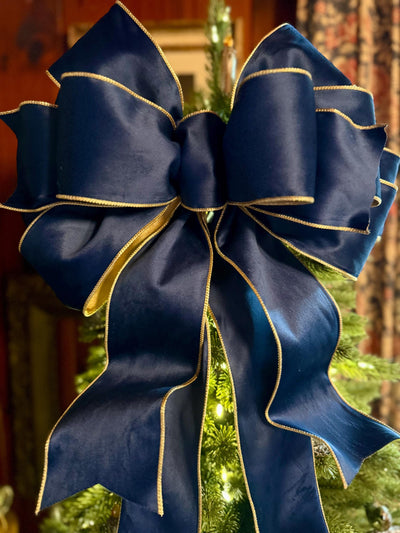 The Shanice Navy Blue Velvet Christmas Tree Topper Bow, XL Luxury Gold Ribbon, Navy Blue & Gold Christmas tree bow