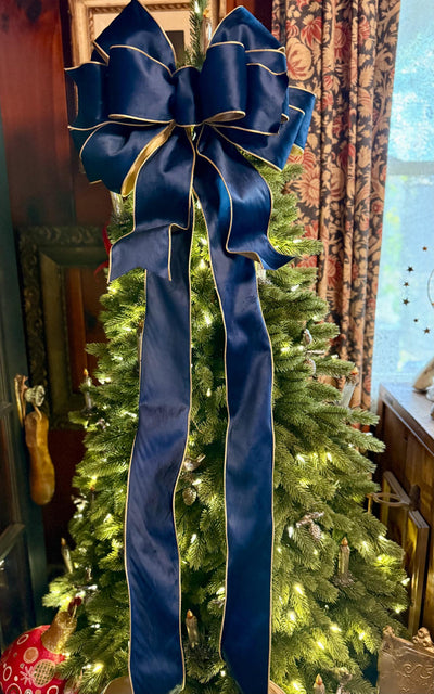 The Shanice Navy Blue Velvet Christmas Tree Topper Bow, XL Luxury Gold Ribbon, Navy Blue & Gold Christmas tree bow