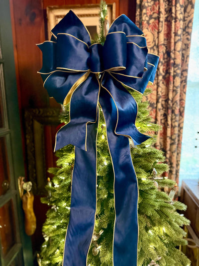 The Shanice Navy Blue Velvet Christmas Tree Topper Bow, XL Luxury Gold Ribbon, Navy Blue & Gold Christmas tree bow