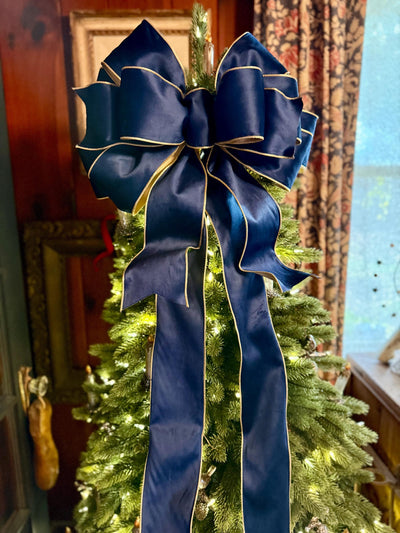 The Shanice Navy Blue Velvet Christmas Tree Topper Bow, XL Luxury Gold Ribbon, Navy Blue & Gold Christmas tree bow