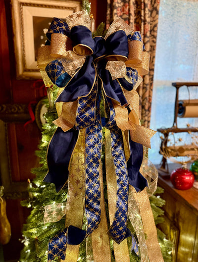 The Andromeda Navy Blue & Gold Christmas Tree Topper Bow, Celestial christmas tree bow, long streamer luxury bow, blue velvet north star bow