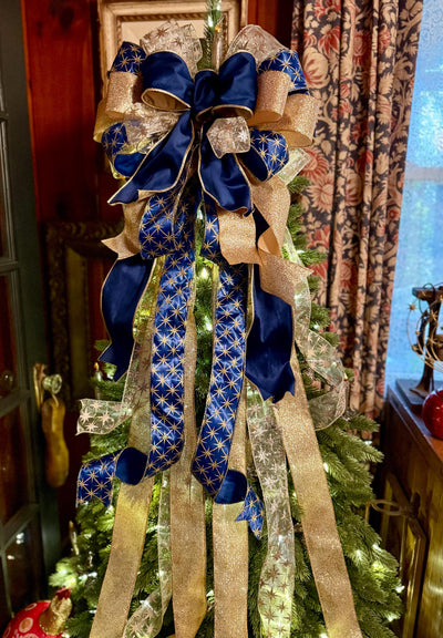 The Andromeda Navy Blue & Gold Christmas Tree Topper Bow, Celestial christmas tree bow, long streamer luxury bow, blue velvet north star bow