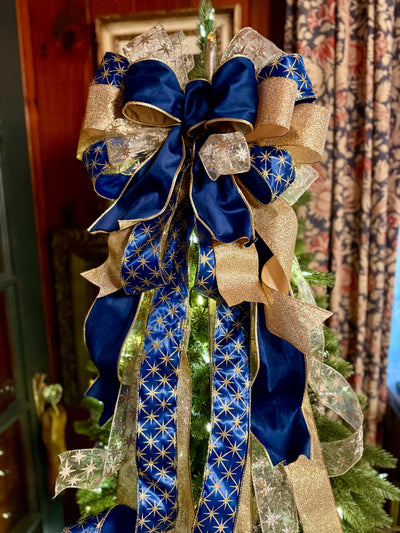 The Andromeda Navy Blue & Gold Christmas Tree Topper Bow, Celestial christmas tree bow, long streamer luxury bow, blue velvet north star bow