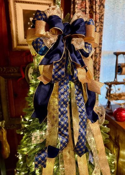 The Andromeda Navy Blue & Gold Christmas Tree Topper Bow, Celestial christmas tree bow, long streamer luxury bow, blue velvet north star bow