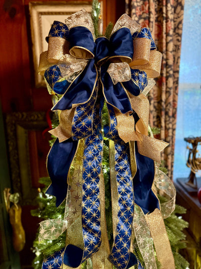 The Andromeda Navy Blue & Gold Christmas Tree Topper Bow, Celestial christmas tree bow, long streamer luxury bow, blue velvet north star bow