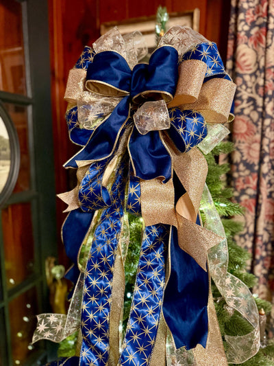 The Andromeda Navy Blue & Gold Christmas Tree Topper Bow, Celestial christmas tree bow, long streamer luxury bow, blue velvet north star bow